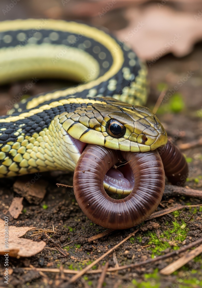 Fototapeta premium Reptilian predator consuming a coiled invertebrate on the forest floor