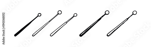 Ear pick or small scoop tool icons, long handle with round head in black and white vector illustrations.