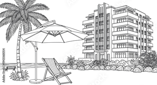 Beach resort hotel building facade, summer tropical landscape with palm tree, umbrella and deck chair, architectural line art vector illustration, designs.