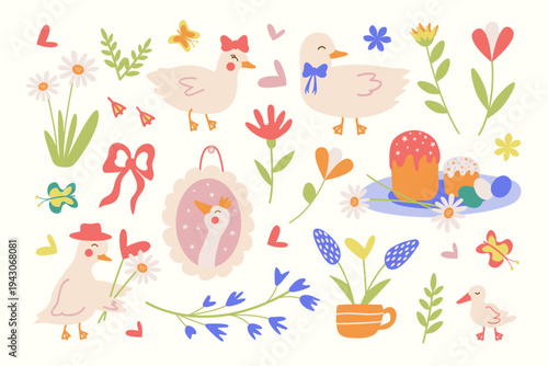 Set of Easter elements with cute geese, a duck, an Easter cake, colorful eggs, and colorful flowers. Elements of festive spring decor. Hand-drawn vector illustration of spring animals