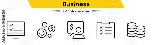 Business icons depicting strategy, management, teamwork, meetings, planning, charts, reports, growth, goals, productivity, leadership, collaboration, finance, and organization.
