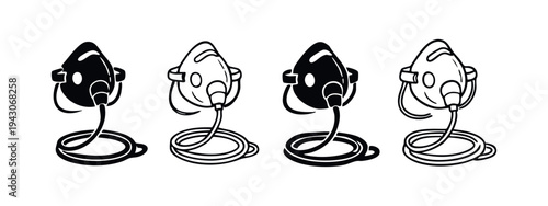 Oxygen Mask Icon Set. Medical Breathing Device with Tube Outline and Glyph Vector Illustration.