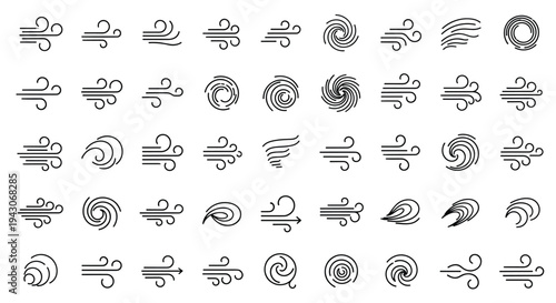 Set of forty-eight minimalist black and white icons representing wind gusts and spiral patterns in various artistic and stylistic forms.