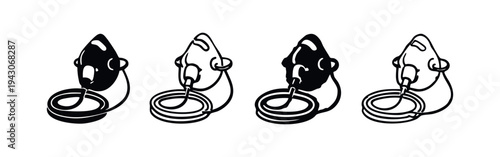 Medical Oxygen Mask Icon Set with Coiled Tube. Breathing Aid Device Outline and Glyph Vector Illustration.