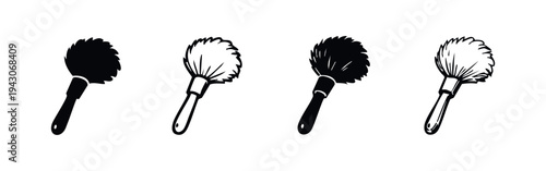 Soft brush or duster icon set. Cleaning accessory and cosmetic utensil symbols.
