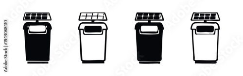 Set of Solar Powered Smart Trash Can Icons, Sustainable Waste Management Vector Illustration