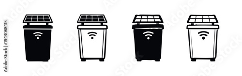 Smart trash can with solar panel and Wi-Fi icon set. IoT waste management system symbol.