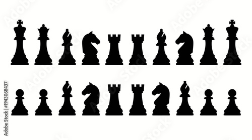 Vector chess silhouettes icons set board pieces king queen rook bishop knight pawn strategy logos tournament club branding educational design modular black white illustration collection