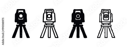 Surveying Equipment Icons Set - Hand-drawn Theodolite and Total Station Symbols on Tripods