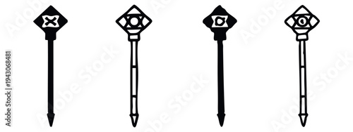 Ceremonial Staff Icons Set - Hand-drawn Scepter and Mace Symbols Representing Royal Power
