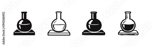 Chemistry Lab Flasks on Stands Icons - Hand-drawn Scientific Glassware with Liquid Vector