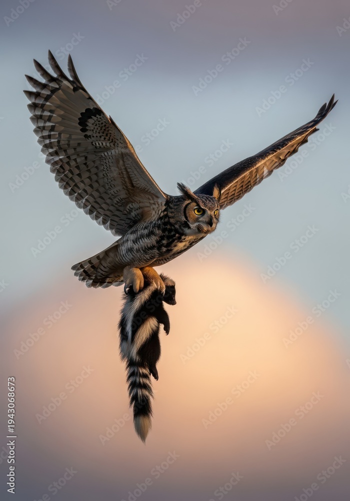 Obraz premium Large predatory bird carries captured small mammal prey while flying against a softly lit sky