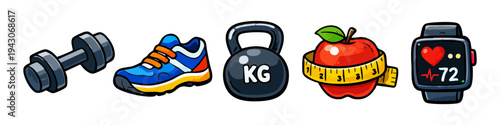 Cartoon style fitness icon set featuring a dumbbell, sneaker, kettlebell, red apple with measuring tape, and a heart rate monitor smartwatch. Ideal for health and workout designs.