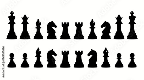 Vector chess silhouettes icons set board pieces king queen rook bishop knight pawn strategy logos tournament club branding educational design modular black white illustration collection
