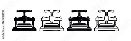 Industrial Screw Press and Clamping Machine Black and White Vector Icon Set