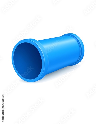 Blue pipe fitting, cylindrical, smooth surface, ribbed ends, on a white background with shadow