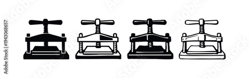 Vintage Mechanical Press and Clamp Device Black and White Icons Set