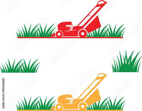 Two lawnmowers in red and orange cutting green grass illustrations