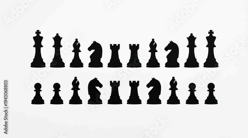 Vector chess silhouettes icons set board pieces king queen rook bishop knight pawn strategy logos tournament club branding educational design modular black white illustration collection