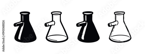 Erlenmeyer Flask with Side Arm Icon Set. Chemistry Lab Glassware Symbols. Vector Illustration.