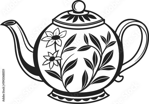 Vintage Teapot with Floral Decoration Engraving Illustration, Classic Antique Tea Pot Line Art Black and White Vector