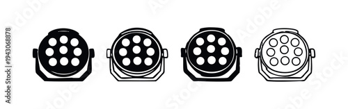 Stage lighting par can projector icons in various styles for event and entertainment design.