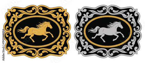 Horse label belt buckle wild western rodeo ranch cowboy style tag design, featuring gold and silver vector silhouettes with classic rodeo symbols western festival badges vintage ranch emblems and 