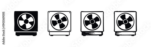 Air conditioning outdoor unit or industrial fan icon set, cooling system elements.