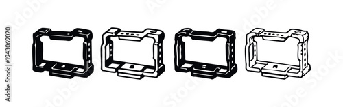 DSLR camera cage icon set, protective housing for video and photography rigs.