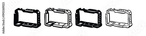 Camera cage protective frame icon set, photography and videography accessory.