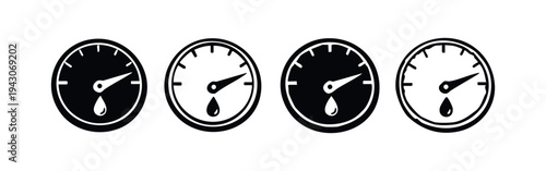 Fluid level gauge and oil indicator icon set. Black and white vector illustrations with droplet symbol for monitoring.
