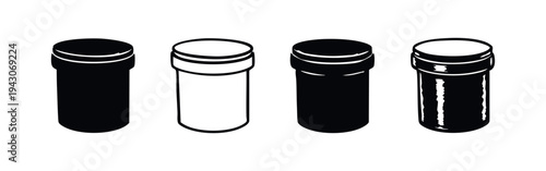 Isometric pill bottle and medicine container icon set. Black and white vector illustration for health and pharmacy.