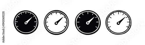 Minimalist speedometer and gauge icon collection. Speed, level, and performance indicator vector in monochrome.
