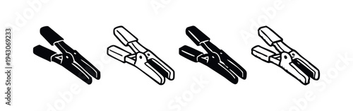 Isometric alligator clip and electrical test clip icon set. Black and white vector illustration for electronics.