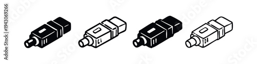 Isometric USB flash drive icon set. Black and white vector illustration of portable digital data storage device.