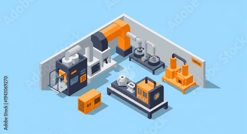 Isometric Factory Interior with Machinery.