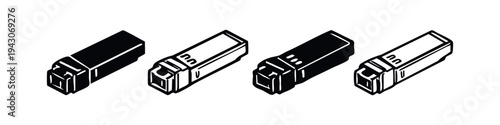 Isometric ethernet network connector icon set. Black and white vector illustration of data cable plug.