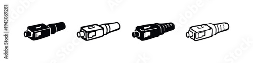 Isometric fiber optic connector icon set. Black and white vector illustration for high-speed data transmission.