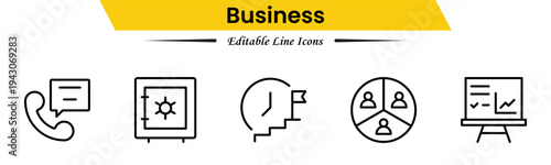 Business icons depicting strategy, management, teamwork, meetings, planning, charts, reports, growth, goals, productivity, leadership, collaboration, finance, and organization.
