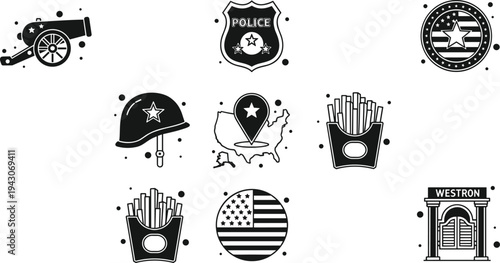 American culture and heritage icons set with police badge, military helmet, cannon, fries, US flag and western saloon for national holiday design
