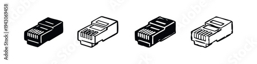 Isometric RJ45 Ethernet Connector Icon Set with Hand-Drawn Vector Style for Network Devices