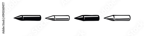 Bullet Tip Icons Set. Ammunition Projectile Vector Symbols. Gun Bullet Black and White Illustration.