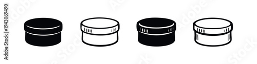 Small Container Jar Icons. Cylindrical Bottle Vector Set. Product Packaging Black and White Symbols.