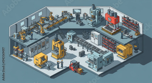Isometric Factory Interior with Machinery.