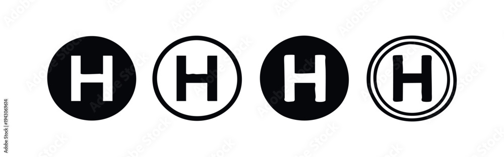 Fototapeta premium Helipad H Letter Sign Icon Set. Helicopter Landing Pad Symbol in Black and White.