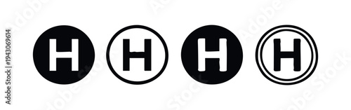 Helipad H Letter Sign Icon Set. Helicopter Landing Pad Symbol in Black and White.