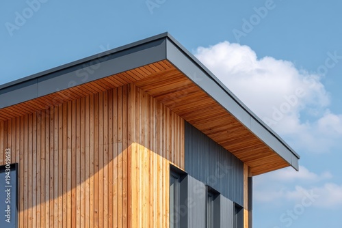 Modern building facade with natural wood siding and dark paneling