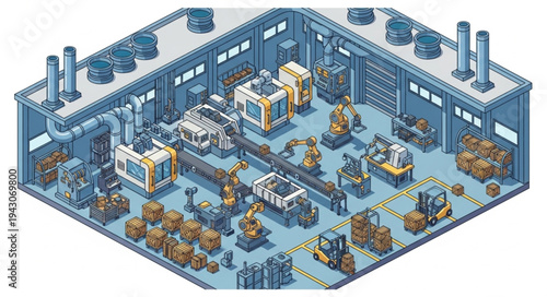 Isometric Factory Interior with Machinery.