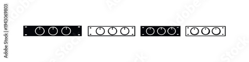 Control panel or knob icons set. Four vector illustrations of rectangular panels with three oval dials.