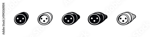 XLR female audio connector icons set. Six vector illustrations of microphone cable sockets in various styles.